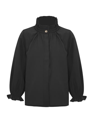 Kids Girls Puff Long Sleeve Button Down Dress Shirt Ruffle Collar Blouse Uniform Casual Fall Top