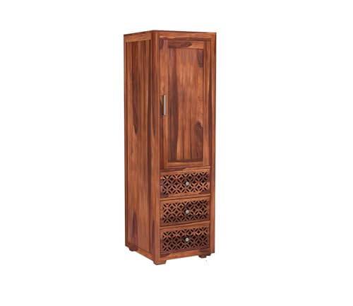 Image of Sheesham Wood Wooden Single Door Wardrobe Organizer for Clothes | - Solid Wood Almirah with 3 Drawers, 3 Shelves - Cupboard for Large Bedroom, Natural Finish