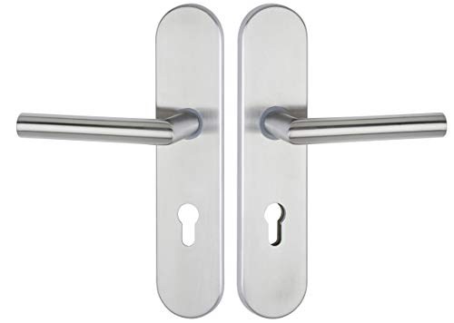 JUVA Haustürbeschlag Edelstahl Tür-Schutzbeschlag Wohnungstür Türbeschlag - HE10000 | Drücker - Drücker | DIN 92 mm | Langschild mit Anbohrschutz | 1 Türgarnitur Set inkl. Befestigungsmaterial