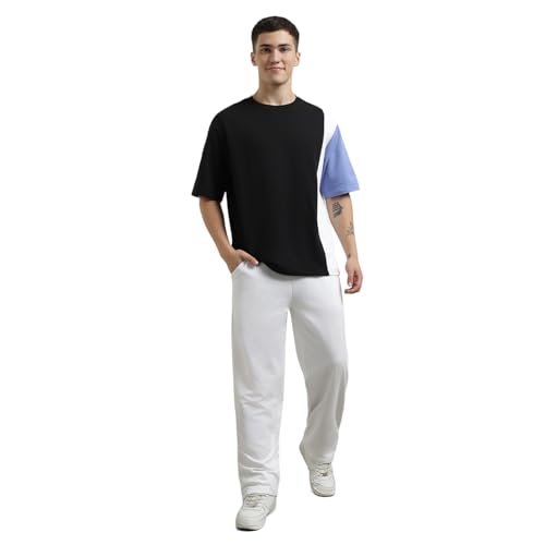 NOBERO Men Cotton Blend Solid Colorblock T-Shirt With Joggers, Black, 2XL