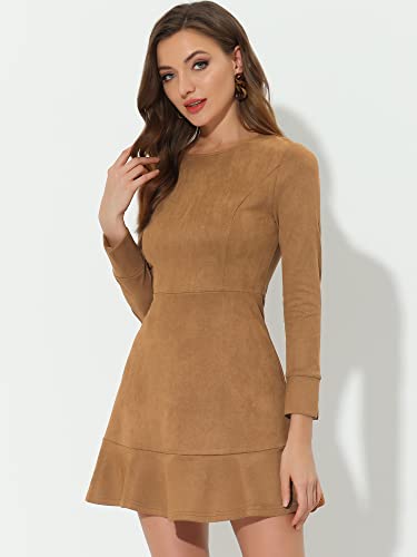 Allegra K Women's Faux Suede Round Neck Elegant Long Sleeve Ruffle Dress2