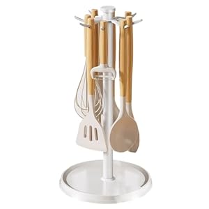 Portautensili in alluminio, 44,5 cm, verticale, con rotazione a 360°, 8 ganci, organizer per appendere la cucina, spatola, cucchiaio (bianco)