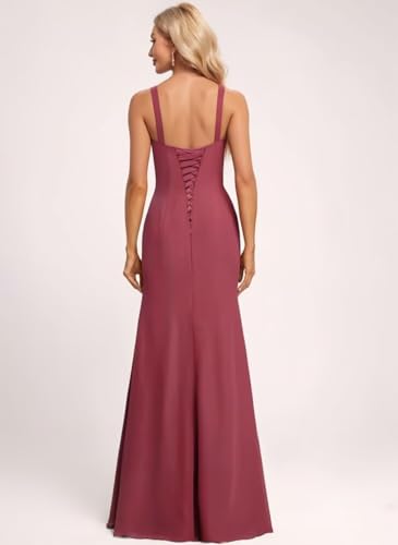 Women's Chiffon Bridesmaid Dresses with Slit Square Neck Long Formal Evening Dress with Pleat TM1332