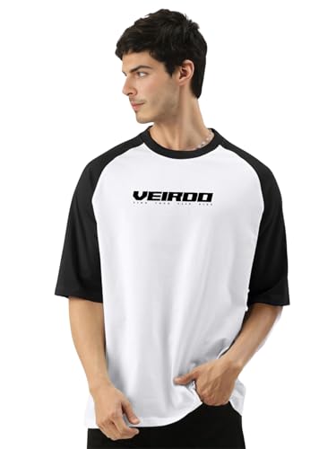 Image of Veirdo 100% Pure Cotton Oversized Loose Baggy Fit Drop Shoulder Round Neck Cool Front Chest Typographic Logo Printed Raglan Sleeve T-Shirt for Men (Colors: White, Black, Swanwhite, Beige & Grey)