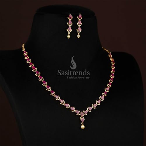 Image of Sasitrends Micro Gold Plated American Diamond Ruby stone Studded Jewellery Set