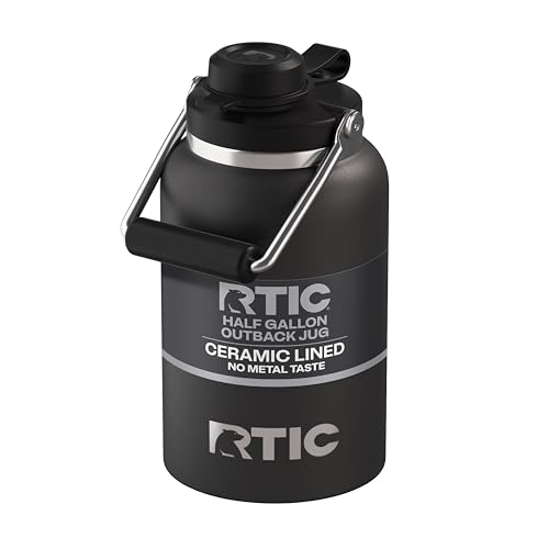 RTIC Half Gallon Outback Jug, Stainless Steel, Ceramic Lined Insulated Water Bottle with Lid and Handle, BPA-Free, Double Wall Vacuum Insulation, Black