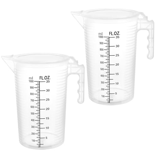 QWORK 2 Pack 32oz (1 Quart) Measuring Pitcher - Plastic, Multipurpose, Polypropylene, with Clear Ounce & Milliliter Markings, Dustproof Lid, for Cooking, Home Hobbies, Shop Oil and Fluids