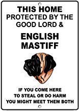 Metal New Tin Sign Retro English Mastiff Dog Home Protected by Good Lord and Aluminum Metal Sign for Men, Women, Unisex 8 X 12 Inch