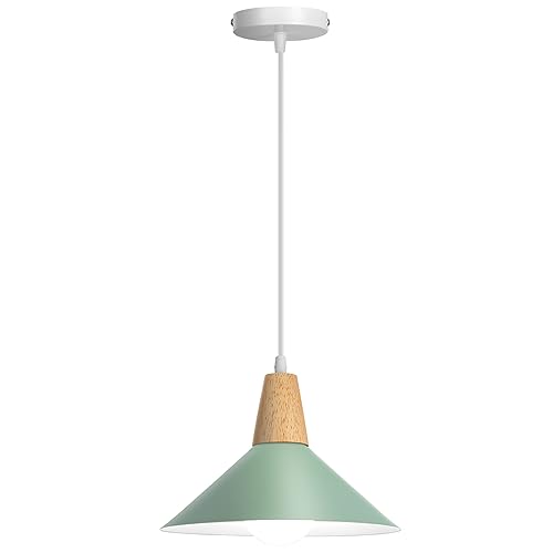 LIGKIN Lámpara Colgante Industrial Moderna Ø25cm Pantalla Metal Madera Lámpara de Techo Retro E27 Iluminación para Cocina Comedor Cafetería (Verde)