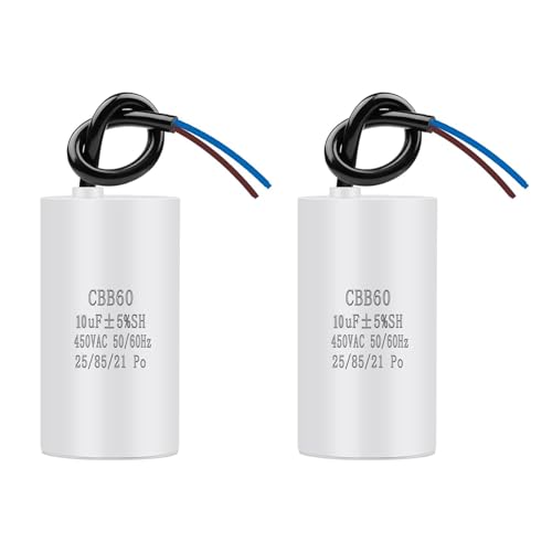 2 Stück CBB60 450V 10uF 50/60Hz Anlaufkondensator mit Kabel, Motorbetriebskondensator für Kompressor Lüfter Pumpe,Selbstheilender Motorkondensator AC Motor Startkondensator Entstörkondensator Rundform