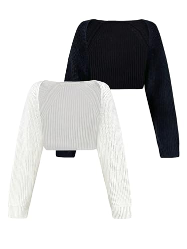 Verdusa Women's 2 Pack Open Front Long Sleeve Solid Knit Shrug Crop Cardigan