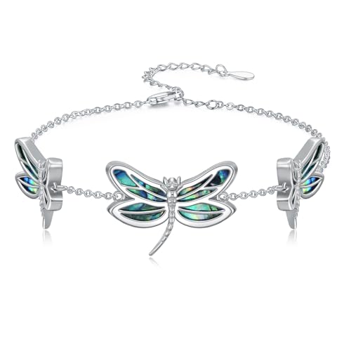 Dragonfly Abalone Bracelet 925 Sterling Silver, Adjustable Bohemian Bracelets, Genuine Abalone Shell Jewelry Birthday Gift for Her