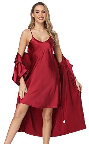 Women's Satin Robes Set with Nightgown Silk Kimono Pajamas 2 Piece Sleepwear Camisole Wedding Bride Gown Set