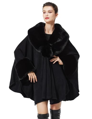 BEAUTELICATE Women Faux Fur Shawl Winter Wrap Sleeveless Coat Cape with Fur Trim Cardigan Cloak