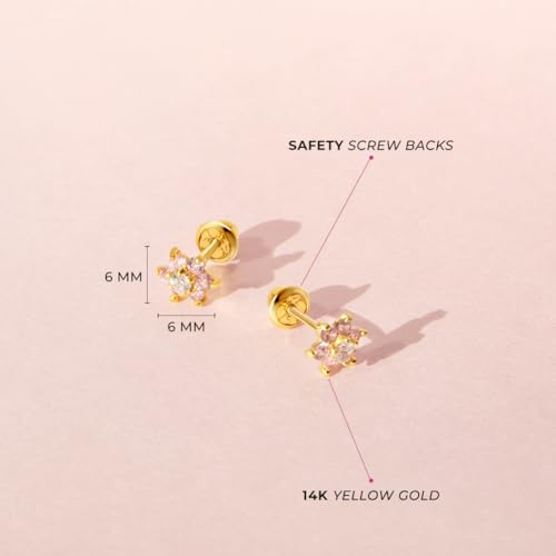 14k Yellow Gold Colorful Cubic Zirconia Flower Studs - Screw Back Earrings for Toddlers & Little Girls - Casual & Sparkly Flower Earrings for Children4