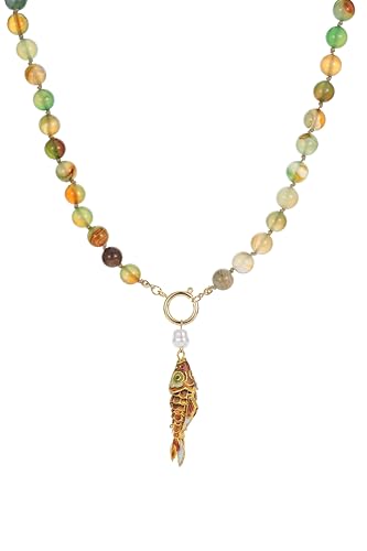 Handcrafted Multi-Colored Gemstone Beaded Necklace Gold Lucky Fish Pendant Pearl Exquisite Necklace for Women Simple Fashion Colorful Gemstones Necklaces Jewelry
