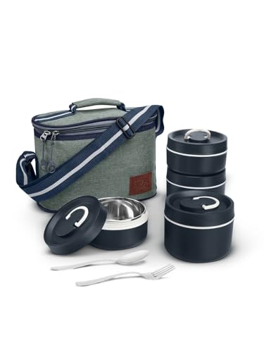 Image of Sanjeev Kapoor By Classic Essentials Luscious Microwave Friendly Leakproof Insulated Tiffin Set with Bag & Cutlery | 2x400ml + 2x600ml Containers (2000ml) | Thermoware Lunch Box | Blue