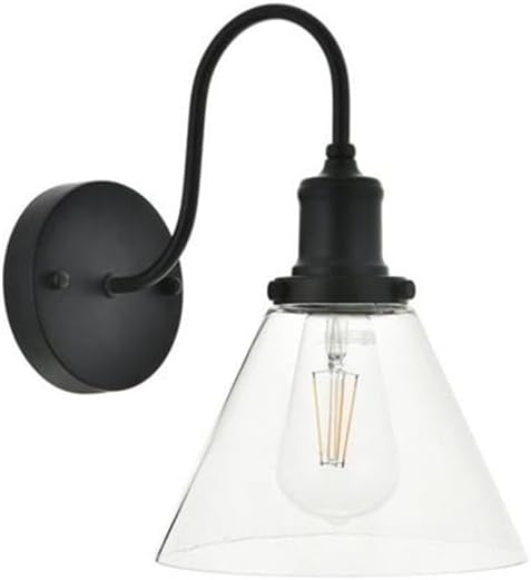 Pemberly Row Modern Metal Wall Sconce, Black Finish with Clear Glass Cone Shade, 1-Light Fixture, 11.4" H x 7.5" W, Undulating Arm Design for Bathroom, Living Room, or Foyer Lighting