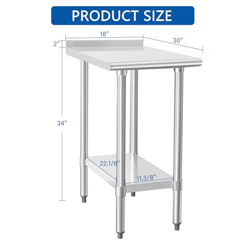 Image of HARDURA Stainless Steel Commercial Work Table 30x18 Inches 2 inch Backsplash | Prep Work Metal Table, Undershelf, Heavy Duty NSF 430, Kitchen Food Prep