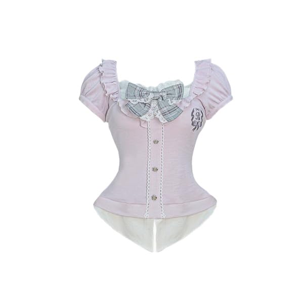 Womens Y2K Cute Plaid Mini Skirt Set Lace Kawaii Patchwork Bow Short Sleeve Tops Elegant Outfits 2 Piece