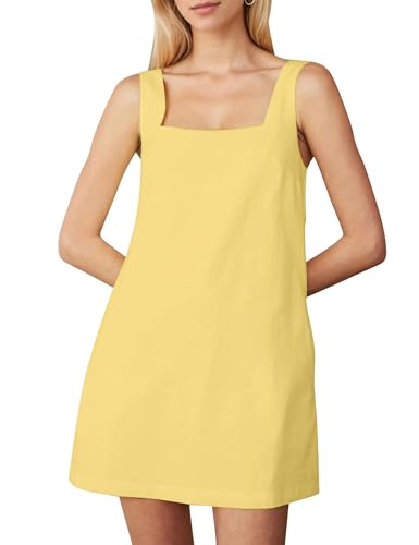 Image of Burtell Summer Sleeveless Cotton Linen Mini Dresses for Women Casual Square Neck Backless Short Dress Solid Tank Shift Dress
