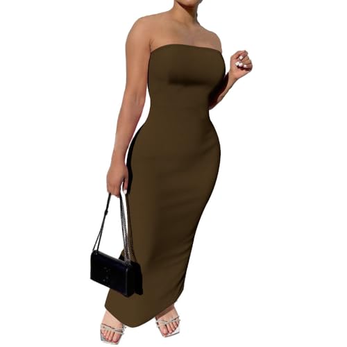 PINSV Women Maxi Strapless Dress Long Wrap Casual Party Club Cocktail Dresses Brown L