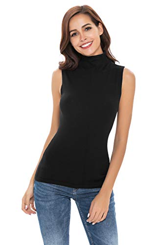 Nasperee Women Sleeveless Mock Turtleneck Pullover Sweater Shirts Slim Fit Stretch Underscrubs Layer Tank Tops Black