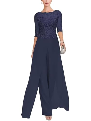2 Piece Mother of The Bride Jumpsuit for Women Chiffon Lace Applique Formal Wedding Guest Pant Suits