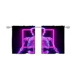 Shrahala Neon Skeleton Tier Curtains for Kitchen Windows, Glowing Cyberpunk Anatomy Cafe Curtain Multilayer Polyester Blackout Half Valances for Windows 2 Pack 26 X 24 in