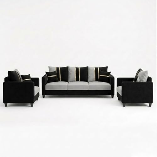 Image of Jester Plush Comfort Sofa Set | 3 Seater + 1 Seater + 1 Seater | Luxury Velvet Suede Fabric | Modern Living Room Sofa | Black - Light Gray