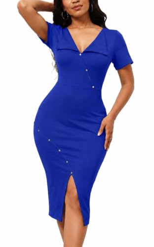 Image of Fooullaide Women's Sexy Bodycon Mid Dress Stretch Short Sleeve V Neck Cocktail Party Dresses