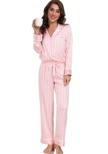 Image of Serenedelicacy Women's Satin Pajama Set Long Sleeve Button Down Sleepwear 2-Piece Silky Pj Set
