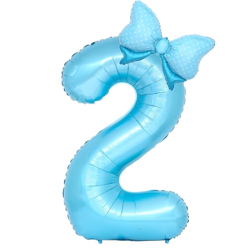Image of Light Blue 2 Balloon Number Cute Kawaii Blue Birthday Decorations for Kids Women, Bow Balloons Foil Mylar Large 40 inch 2 Balloon for Girls Bow Coquette 2nd Birthday Party Decorations Supplies