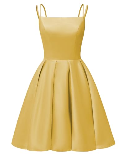 Image of Tianzhihe Satin Homecoming Dresses for Teens 2026 Spaghetti Straps A-line Square Neck Short Cocktail Party Dress with Pockets