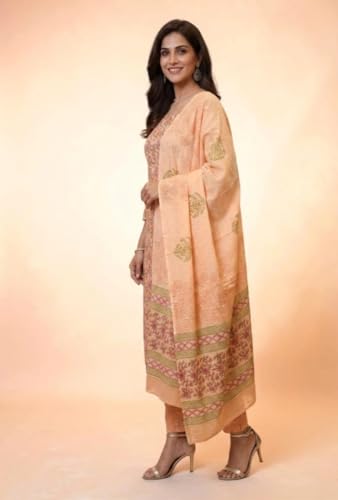 Image of Eddika women unstitched hand block printed cotton suit set with mulmul dupatta ehbpcswmd0120P
