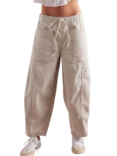 Women Casual Stretch Jeans Wide Leg Baggy Elastic Drawstring Low Rise Denim Pants