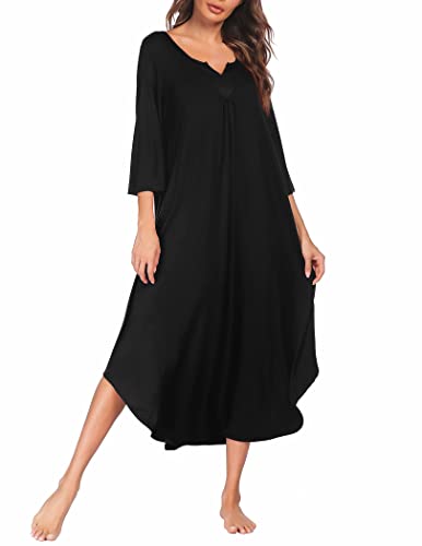 Image of Ekouaer Long Nightgown for Women 3/4 Sleeves Nightshirt Maxi Sleep Dress Plus Size Loungewear Full Length Sleepwear