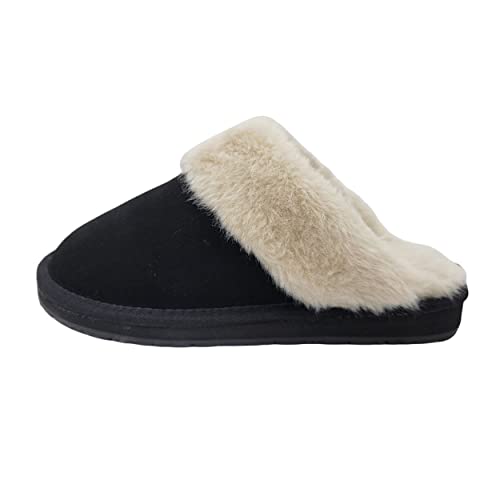 Image of Clarks Womens Open Back Suede Leather Comfort Clog Slipper JMS0583C - Plush Faux Fur Trim - Indoor Outdoor House Slippers For Women
