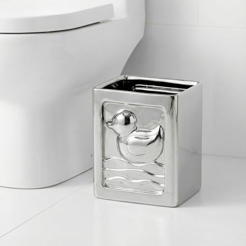 Image of Duck Trash Can, Ceramic Waste Basket Modern Small Garbage Can for Kitchen, Bathroom, Bedroom, Office, Storage Bin with Embossed Duck Decor (Silver-7L /1.85Gallon)