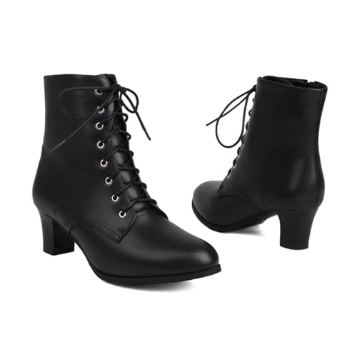 Women's Wide Width Ankle Boots, Extra Wide Mid Heel Side Zipper and Lace Up Short Booties for Party Dating Leisure Daily Life3