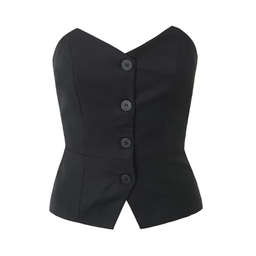 Vintage Suits Vest Women High Street Fashion Sexy Single Breasted Strapless Vest Off Shoulder Top Ladies (US, Alpha, Medium, Regular, Regular, Black)