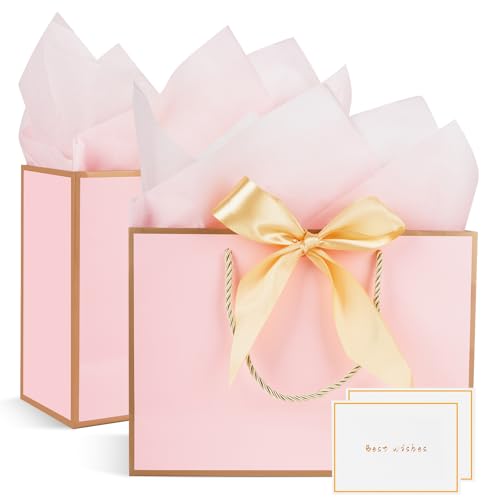 2 Stück Geschenktüten mit Verpackungen und Karten, Papier-Einkaufstaschen für Frauen & Männer – 20 x 10 x 28 cm (Rosa-Gold)