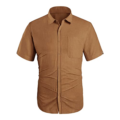 Maiyifu-GJ Men's Short Sleeve Beach Shirts Lightweight Summer Button Down Shirt Plain Tropical Holiday T Shirt with Pocket (Khaki,3X-Large)