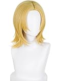 Short Blonde Men's JJBA Cosplay Wig 16.5'' Light Golden Anime Middle Part Layered Costume Wigs for Unisex Halloween Party Daily