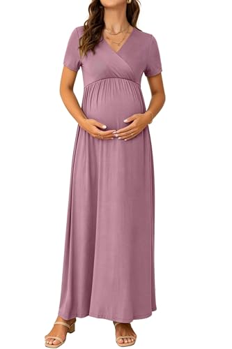 bidika Mauve Maternity Maxi Dress Short Sleeve Wrap V Neck Baby Shower