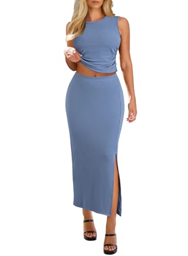 Image of HUUSA Womens Two Piece Outfits Summer Bodycon Sleeveless Crewneck Crop Tank Tops Ribbed Split Long Skirt Dress Set