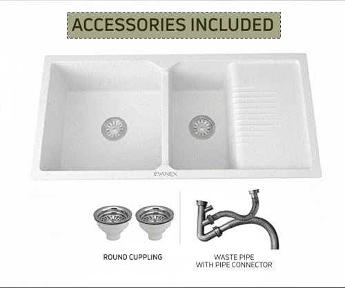 Image of EVANEX Quartz Sink for Kitchen|45x20x9 inch Double Bowl Kitchen Sink with Drain Board|Matt Finish|Sand Pluto Quartz Kitchen Sink with Sink Connector, Waste Pipe, Coupling and Drain Basket