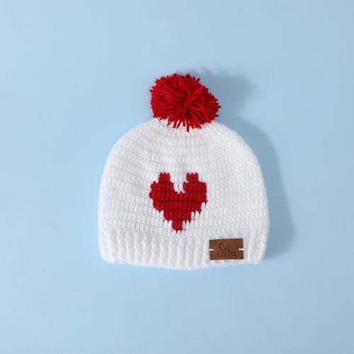 Image of Handmade Knitted Self Design Woolen Beanie Cap for Kids - White & Red 6-12 M | Winter Cap for Baby | FUNCAP56-6-12 M