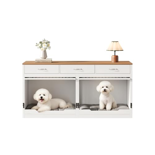 Holz- Metall Hundebox für 2 Hunde, 164x60x81 cm, mit herausnehmbarer Trennwand, Schloss, Klapptür & 3 Schubladen- Innen- Hundehütte, weiß/ Holzoptik, Übergröße-7