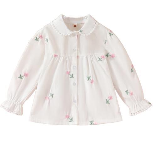 Girls Baby Doll Collar Shirt Girl Blouse Shirts Spring Fall Long Sleeve with Flower Embroidery Tops Button Cute Shirts